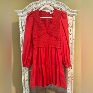 Sea Red Smocked Long Sleeve Dress
